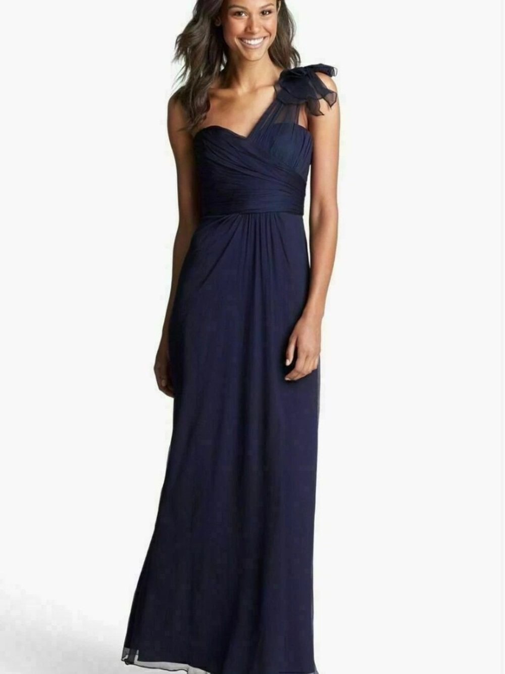 Amsale Navy One-Shoulder Gown with Shoulder Bow
